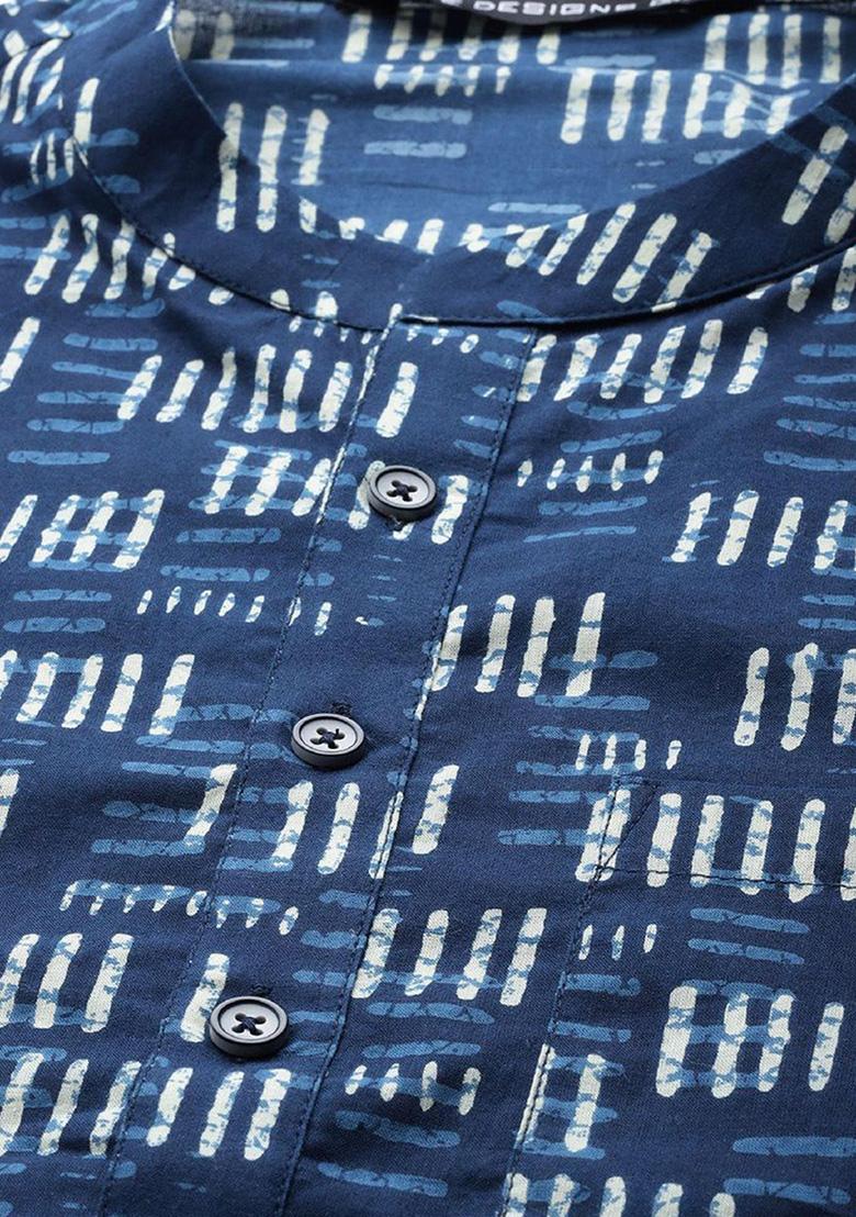 Navy Blue And Beige Printed Kurta Set For Men