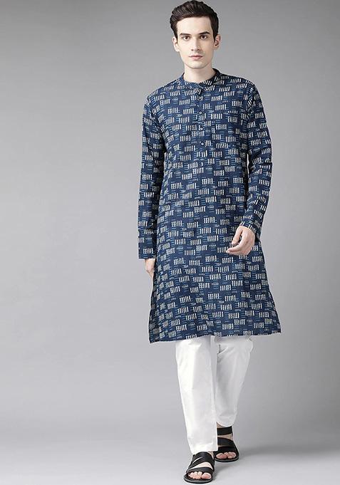 Navy Blue And Beige Printed Kurta Set For Men