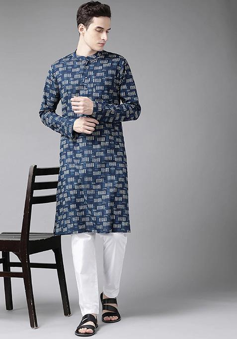 Navy Blue And Beige Printed Kurta Set For Men