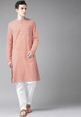 Pink Printed Cotton Kurta Set For Men