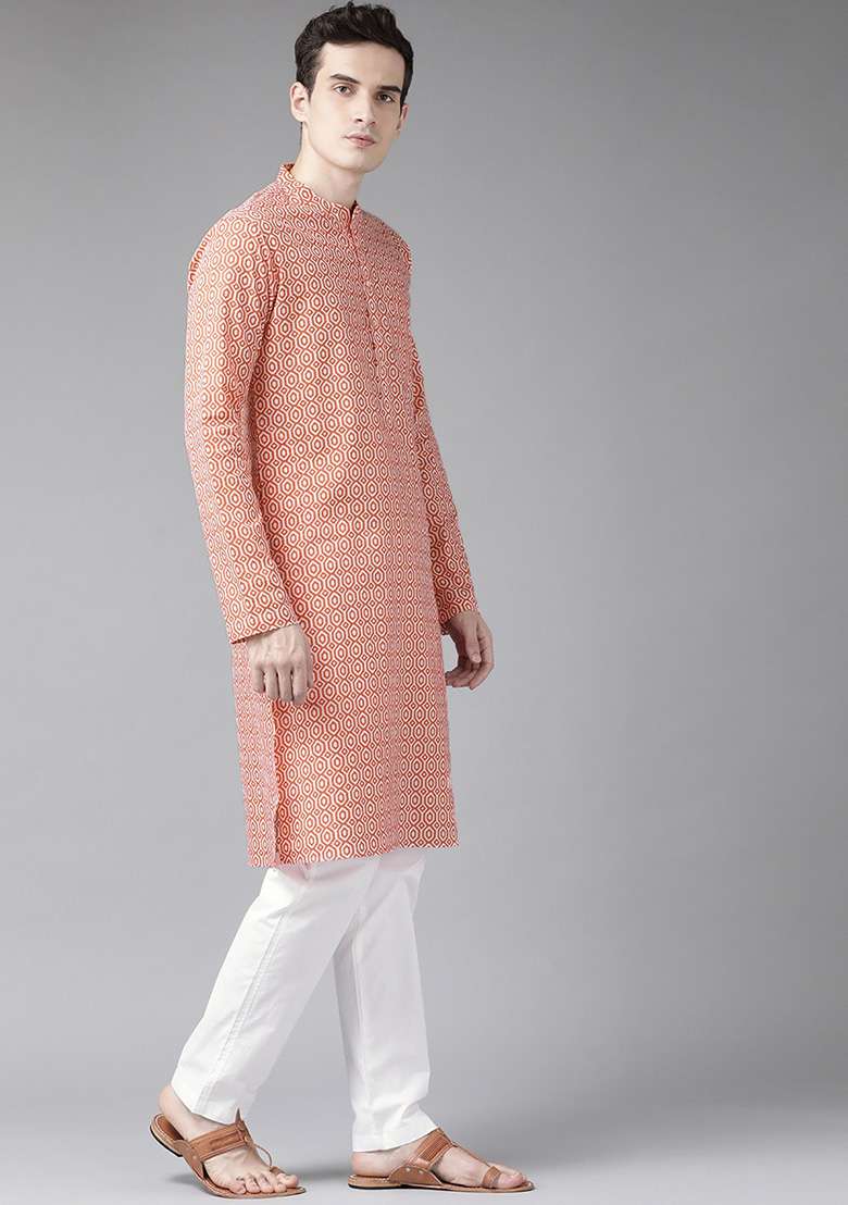 Pink Printed Cotton Kurta Set For Men - Indya