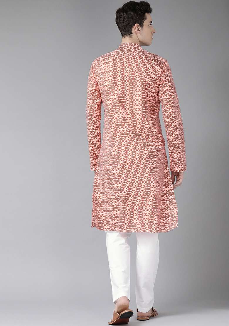 Pink Printed Cotton Kurta Set For Men - Indya