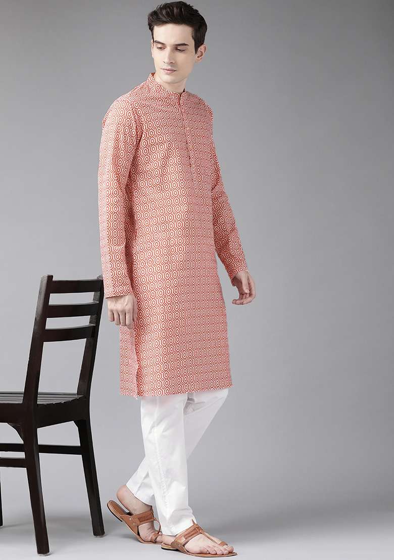 Pink Printed Cotton Kurta Set For Men - Indya