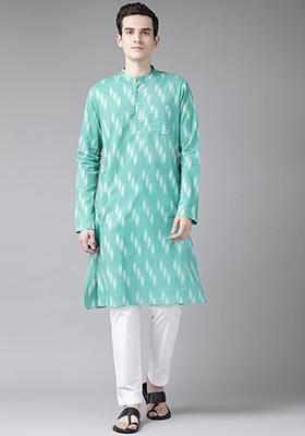 Turquoise Blue Printed Cotton Kurta Set For Men