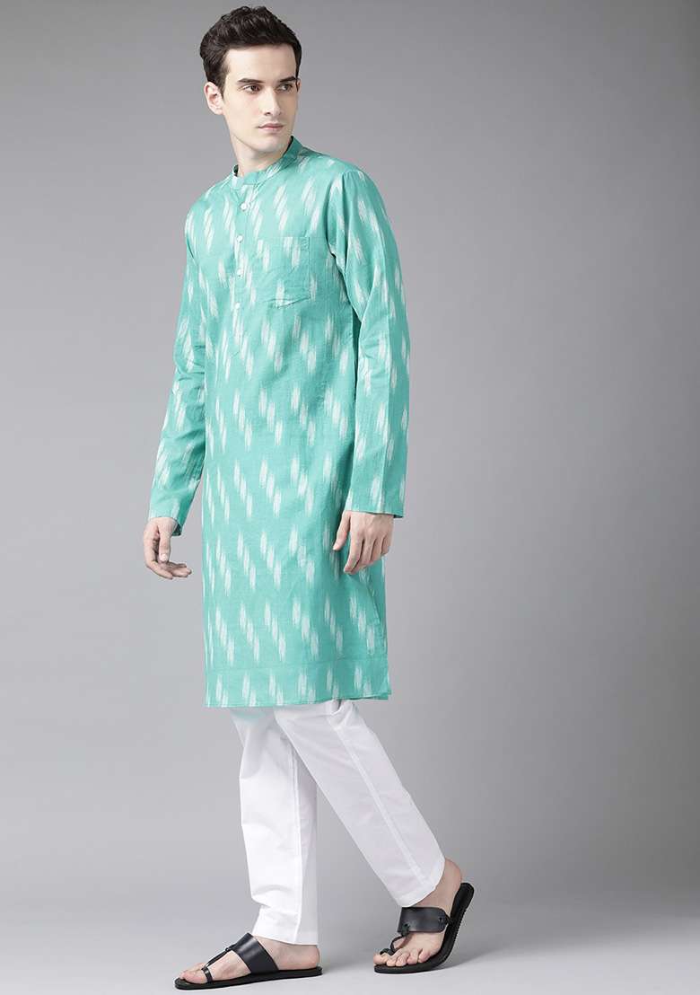Turquoise Blue Printed Cotton Kurta Set For Men - Indya