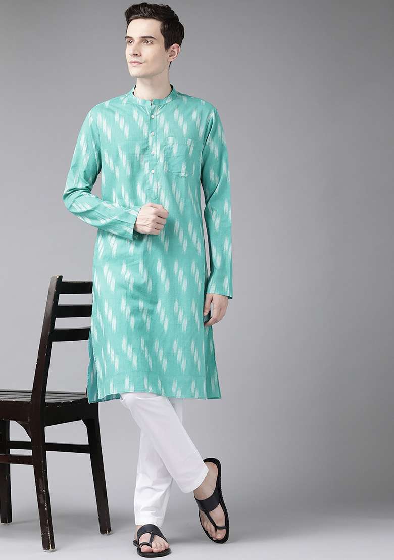 Turquoise Blue Printed Cotton Kurta Set For Men - Indya