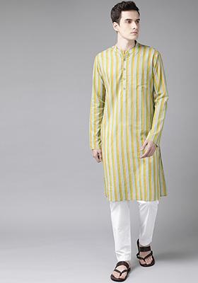 Green Printed Cotton Kurta Set For Men