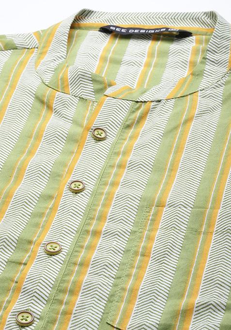 Green Printed Cotton Kurta Set For Men