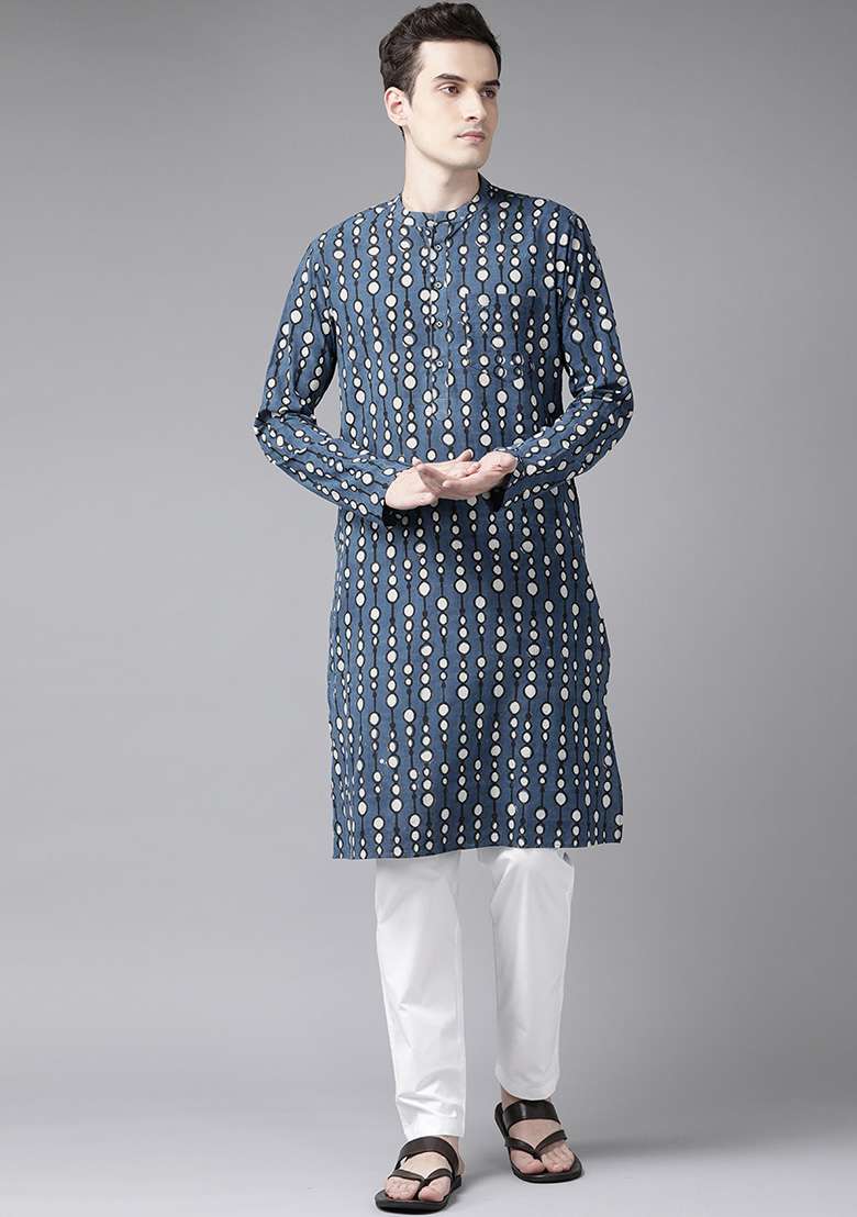 Blue And White Printed Cotton Kurta Set For Men - Indya