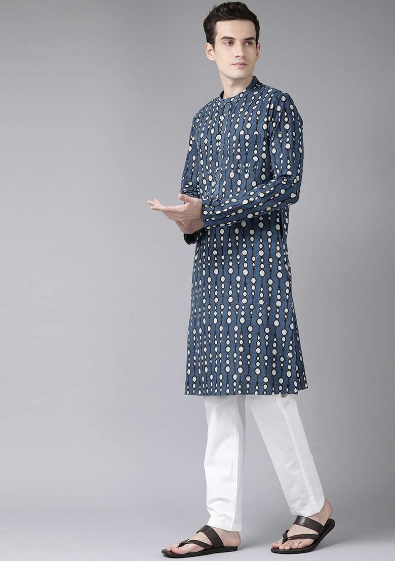 Blue And White Printed Cotton Kurta Set For Men - Indya