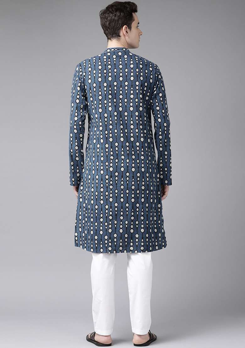 Blue And White Printed Cotton Kurta Set For Men - Indya