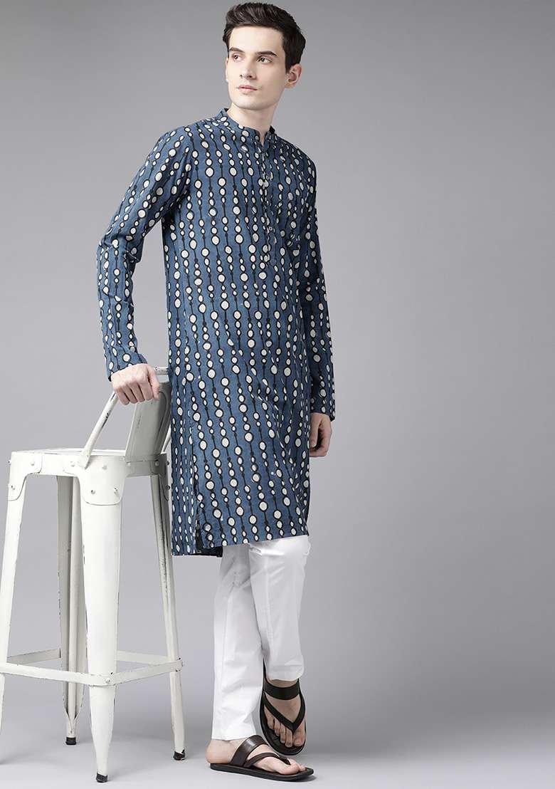 Blue And White Printed Cotton Kurta Set For Men - Indya