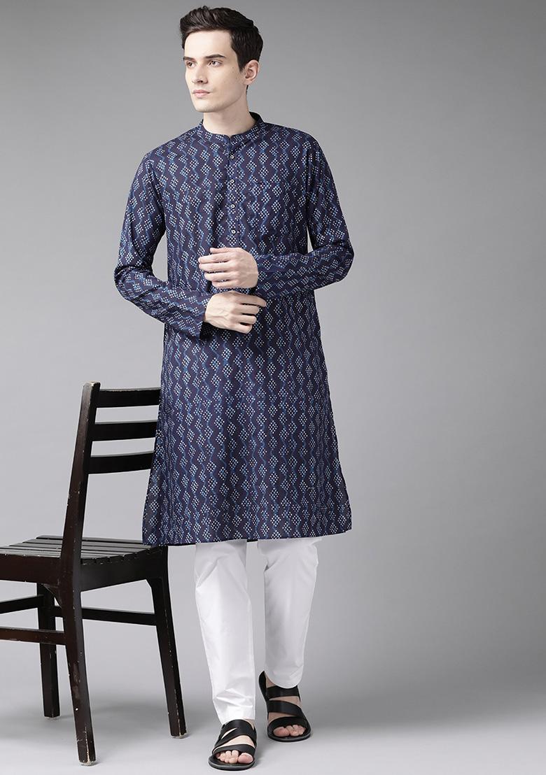 Navy Blue Printed Cotton Kurta Set For Men