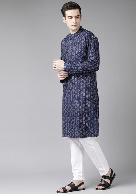 Navy Blue Printed Cotton Kurta Set For Men
