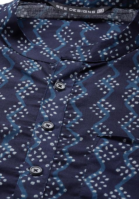 Navy Blue Printed Cotton Kurta Set For Men