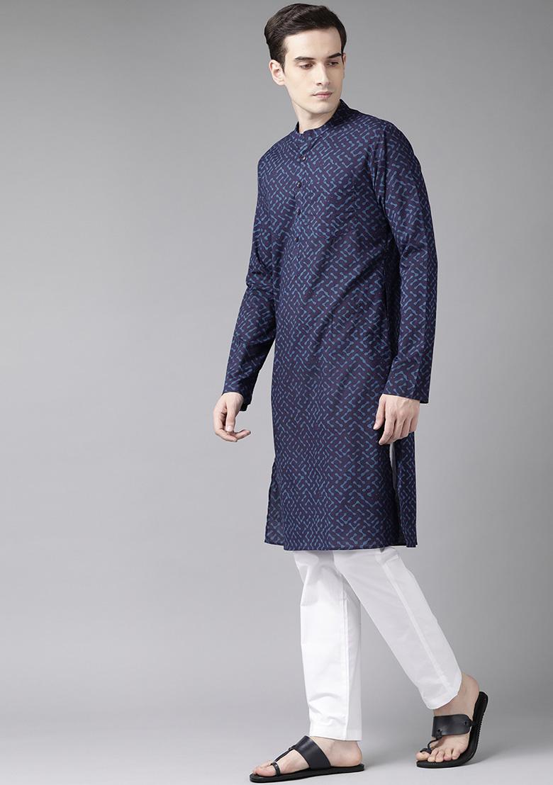Navy Blue Printed Cotton Kurta Set For Men