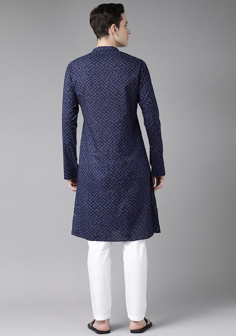 Navy Blue Printed Cotton Kurta Set For Men