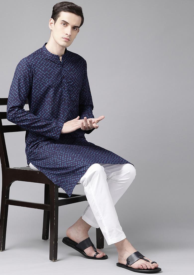 Navy Blue Printed Cotton Kurta Set For Men