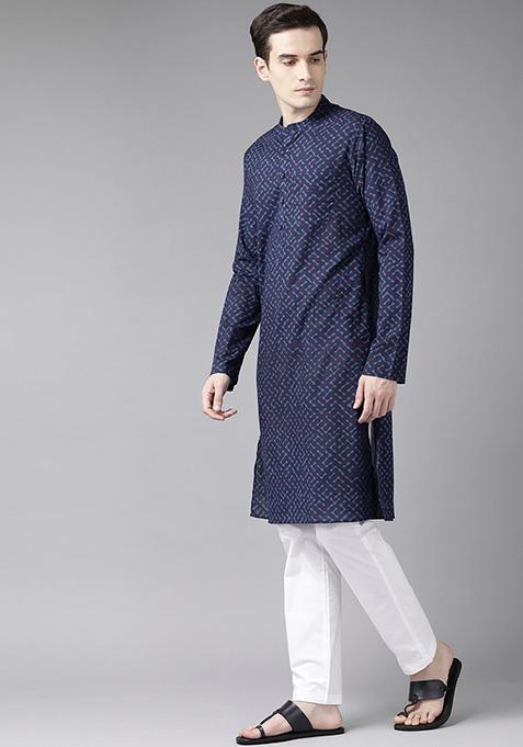 Navy Blue Printed Cotton Kurta Set For Men