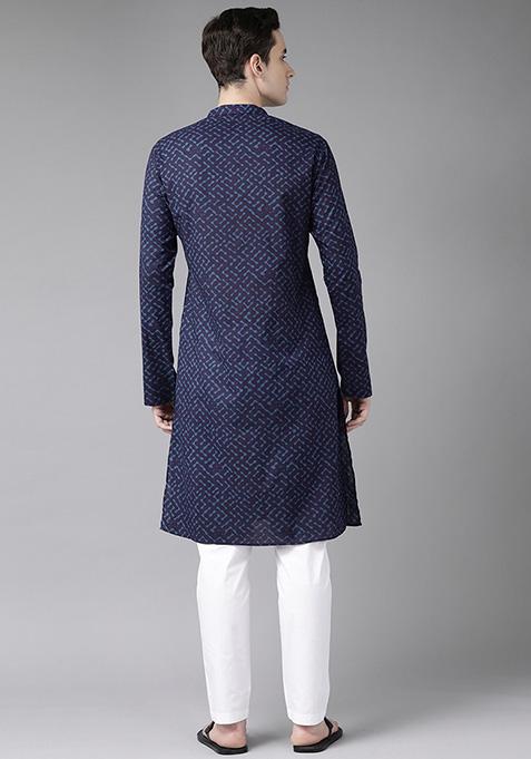 Navy Blue Printed Cotton Kurta Set For Men