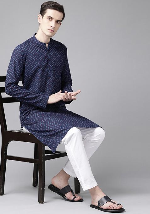 Navy Blue Printed Cotton Kurta Set For Men