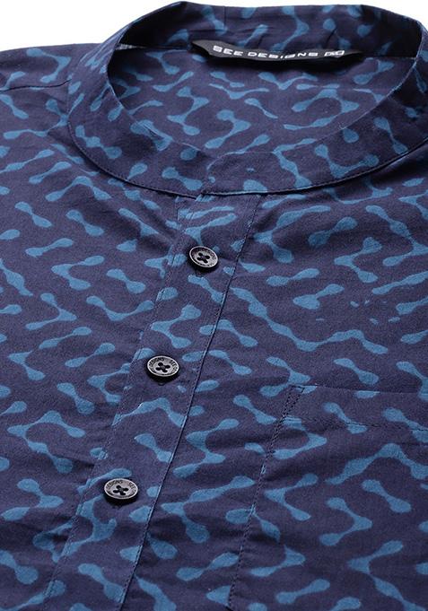 Navy Blue Printed Cotton Kurta Set For Men