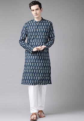 Navy Blue And Beige Printed Pure Cotton Kurta Set For Men