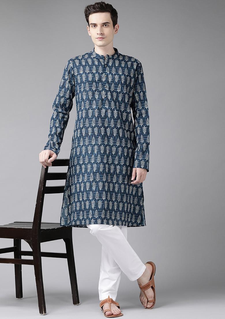 Navy Blue And Beige Printed Pure Cotton Kurta Set For Men
