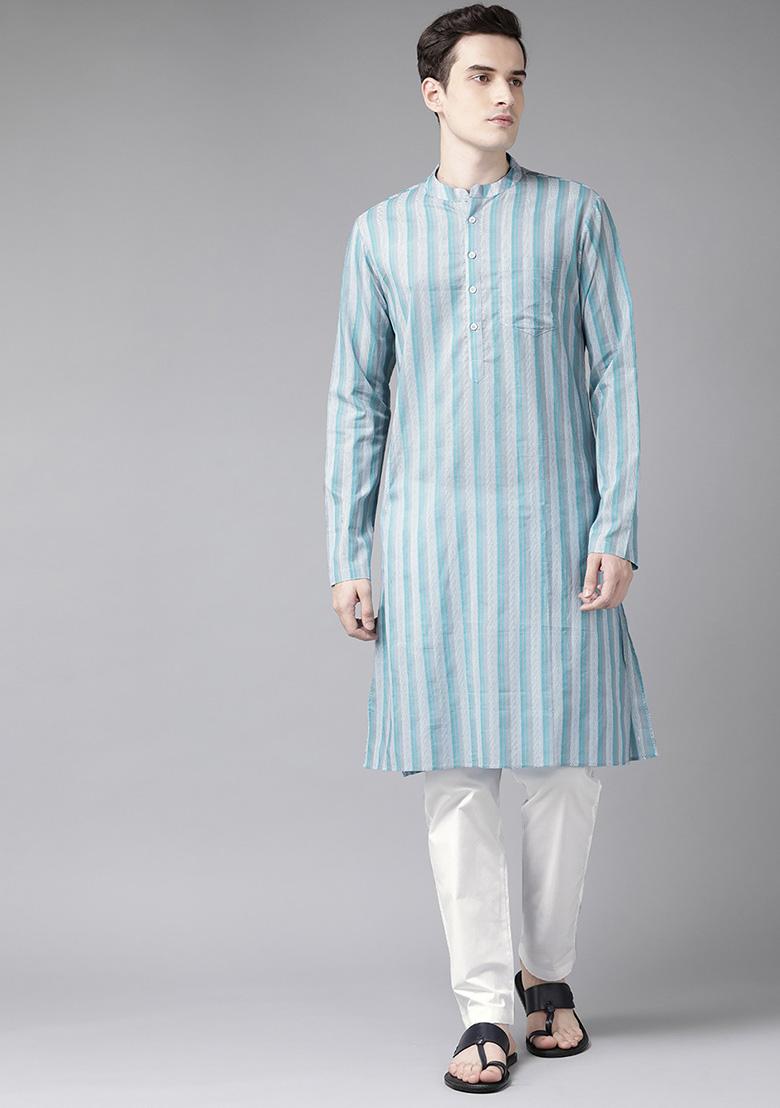 Blue Printed Pure Cotton Straight Kurta Set For Men