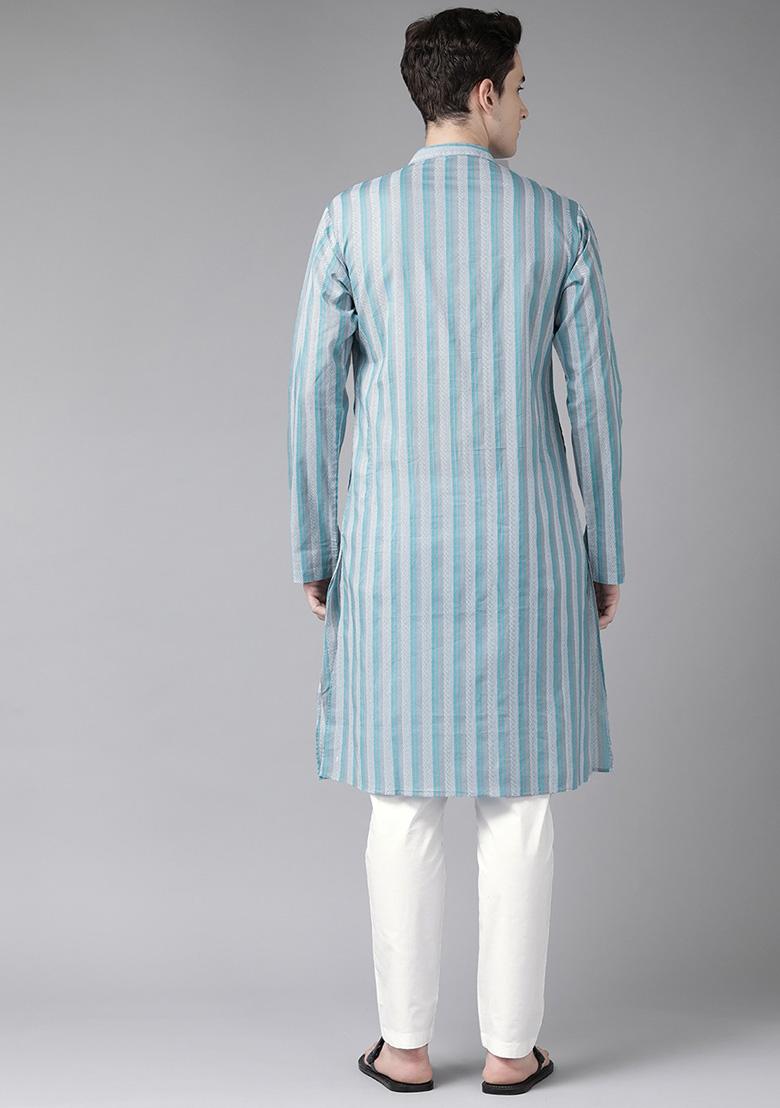 Blue Printed Pure Cotton Straight Kurta Set For Men