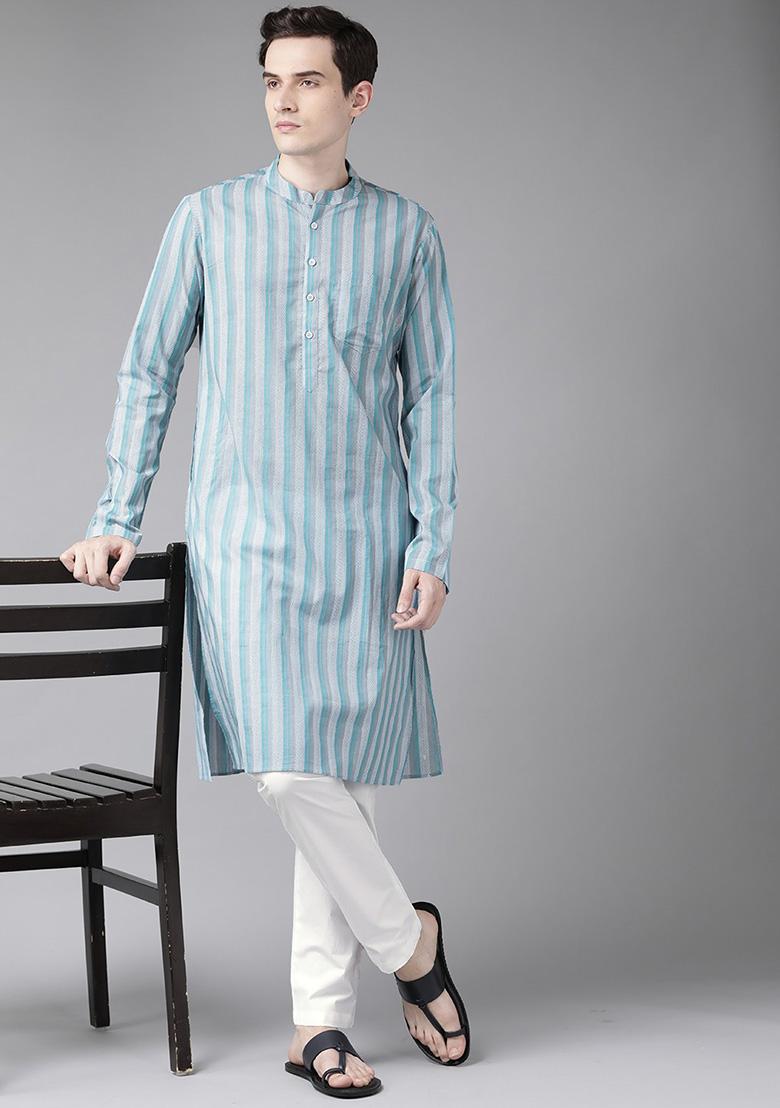 Blue Printed Pure Cotton Straight Kurta Set For Men
