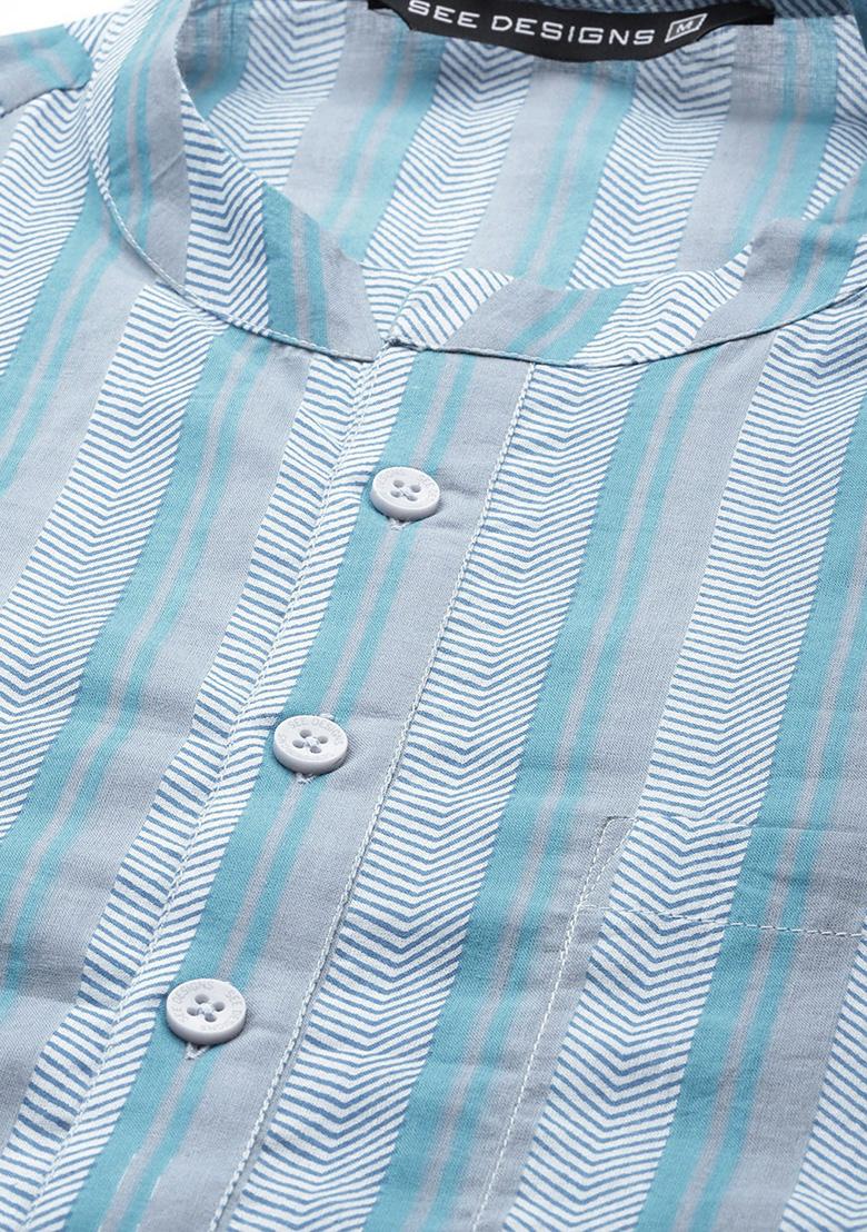 Blue Printed Pure Cotton Straight Kurta Set For Men