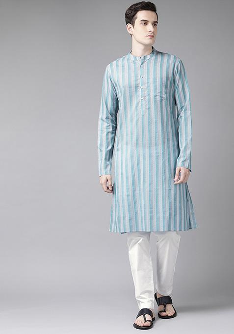 Blue Printed Pure Cotton Straight Kurta Set For Men