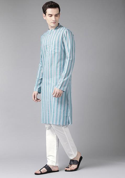 Blue Printed Pure Cotton Straight Kurta Set For Men