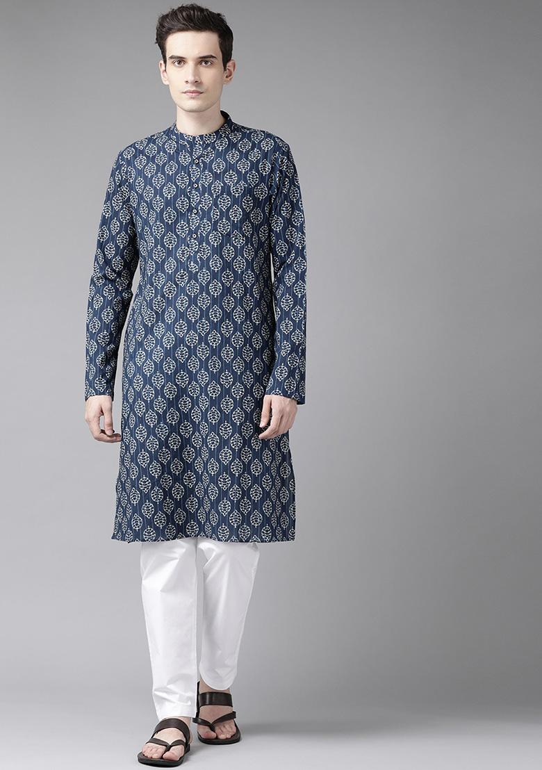 Navy Blue And Beige Printed Straight Kurta Set For Men