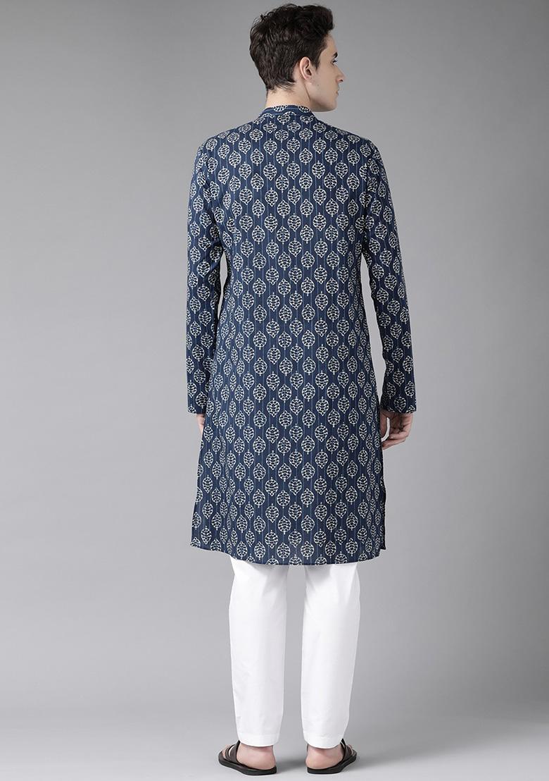 Navy Blue And Beige Printed Straight Kurta Set For Men