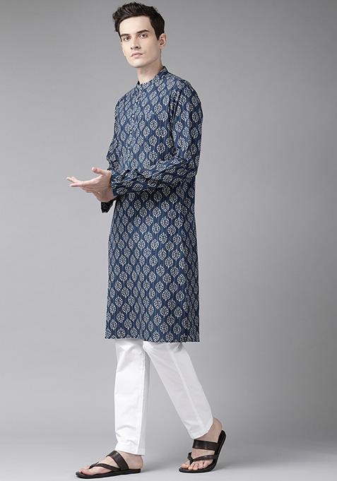 Navy Blue And Beige Printed Straight Kurta Set For Men