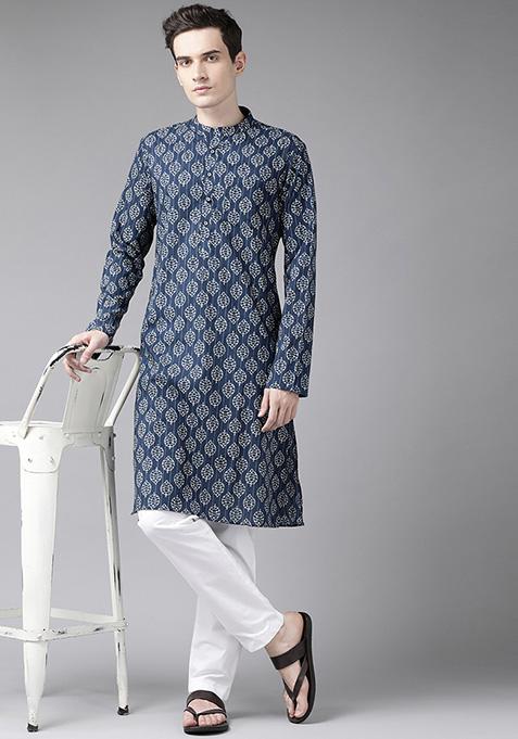 Navy Blue And Beige Printed Straight Kurta Set For Men