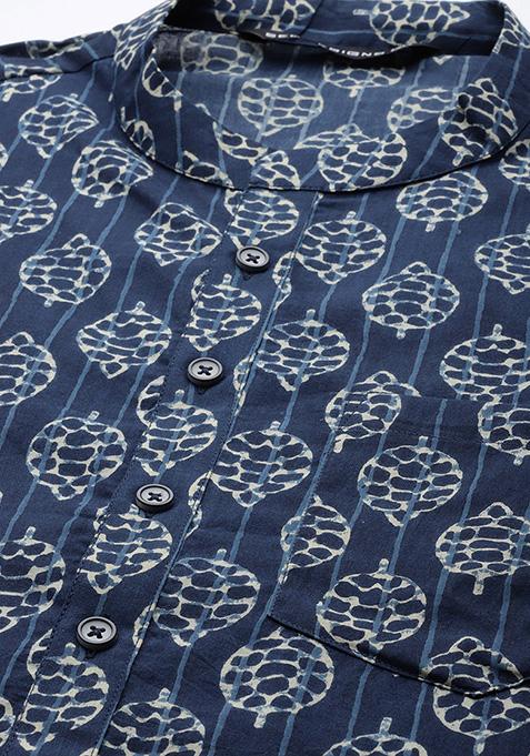 Navy Blue And Beige Printed Straight Kurta Set For Men