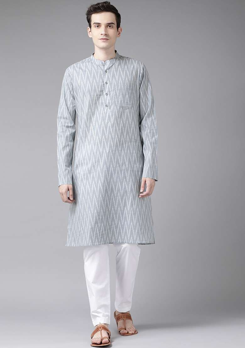 Grey And White Printed Kurta Set For Men - Indya