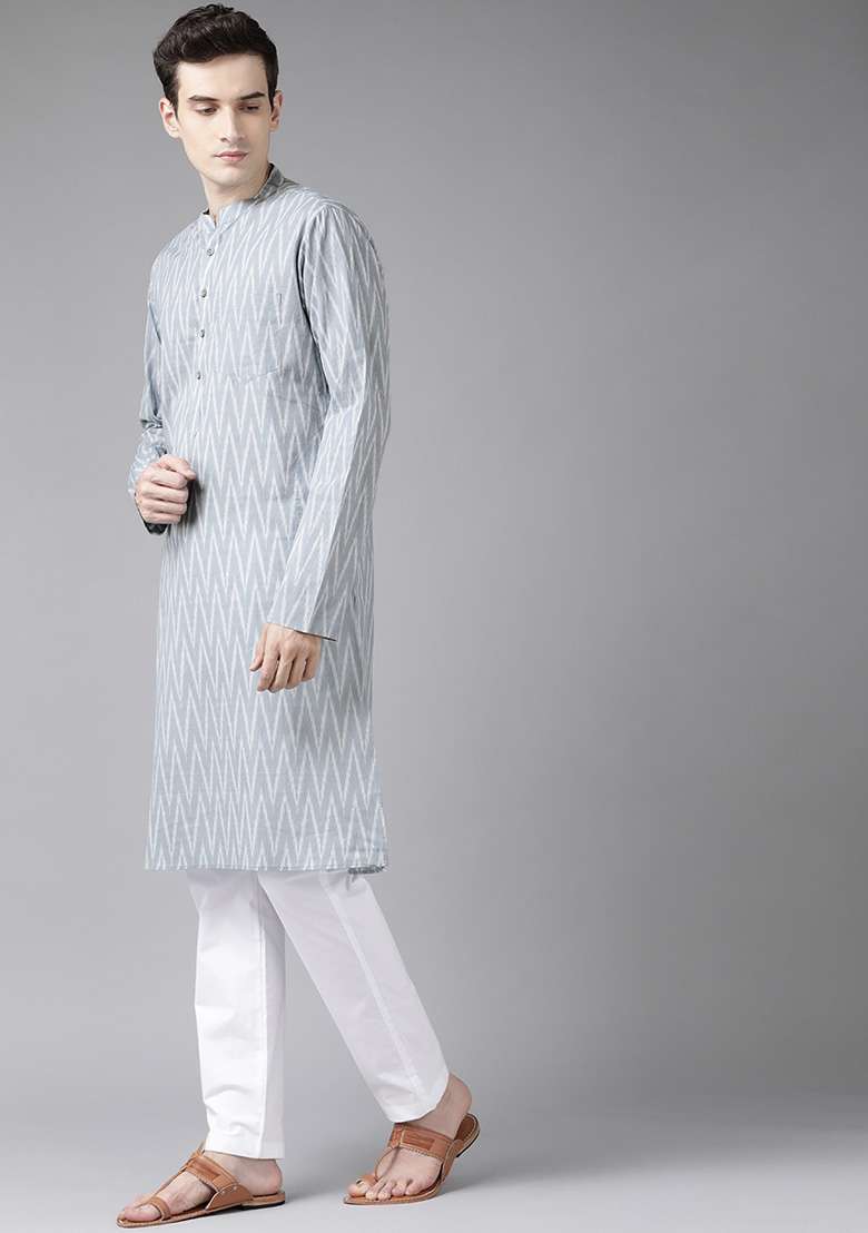 Grey And White Printed Kurta Set For Men - Indya