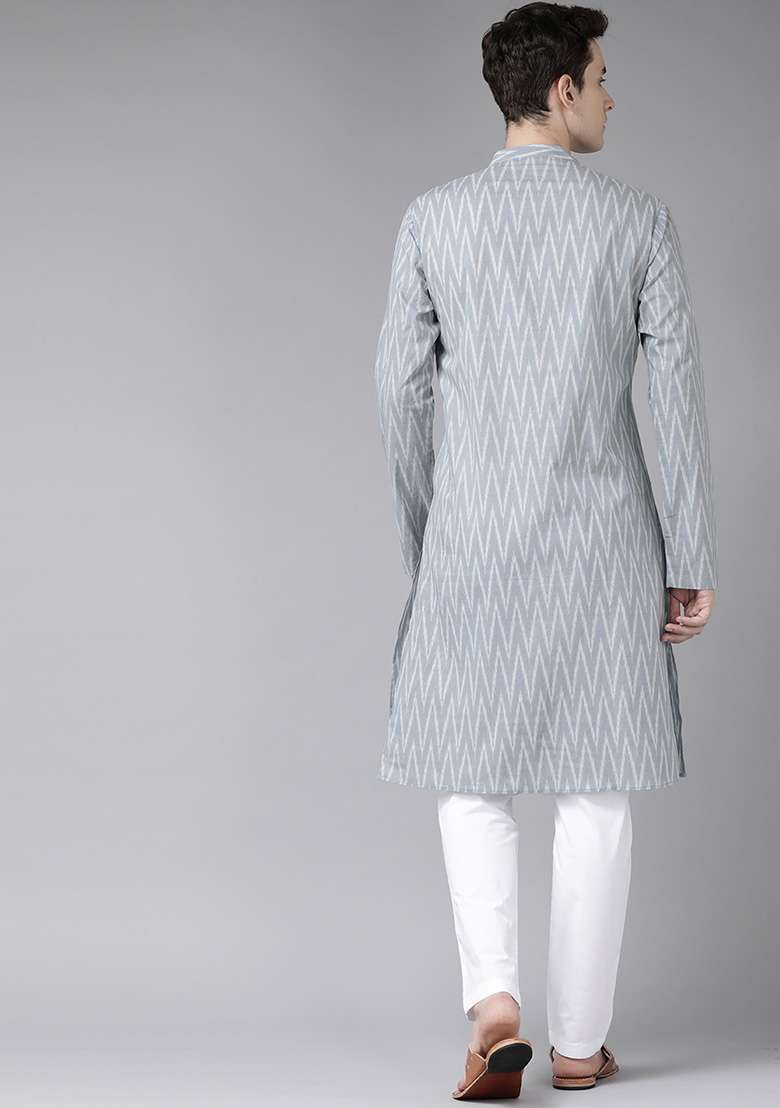 Grey And White Printed Kurta Set For Men - Indya