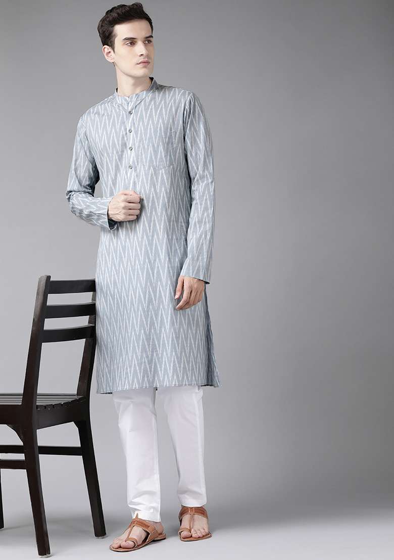 Grey And White Printed Kurta Set For Men - Indya