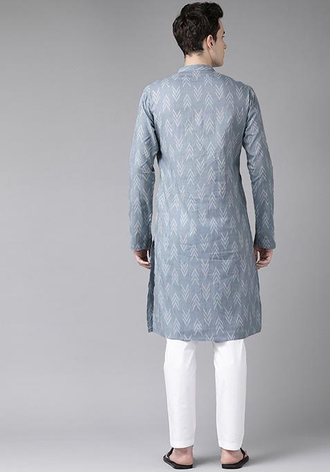Grey Printed Kurta Set For Men