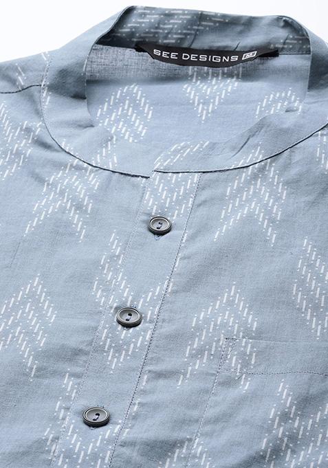 Grey Printed Kurta Set For Men