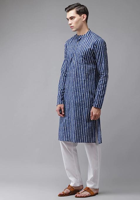 Blue Striped Pure Cotton Kurta Set For Men