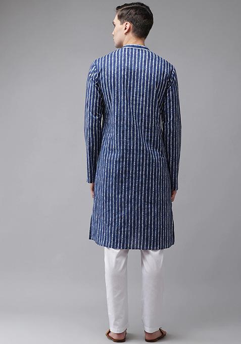 Blue Striped Pure Cotton Kurta Set For Men