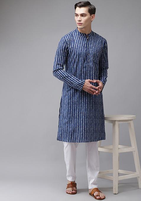 Blue Striped Pure Cotton Kurta Set For Men