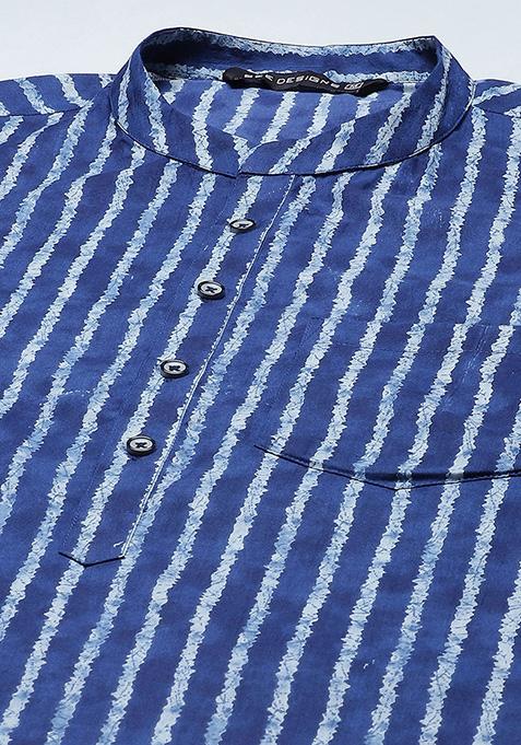 Blue Striped Pure Cotton Kurta Set For Men