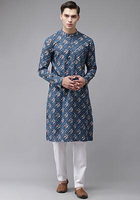 Blue And Beige Printed Pure Cotton Kurta Set For Men